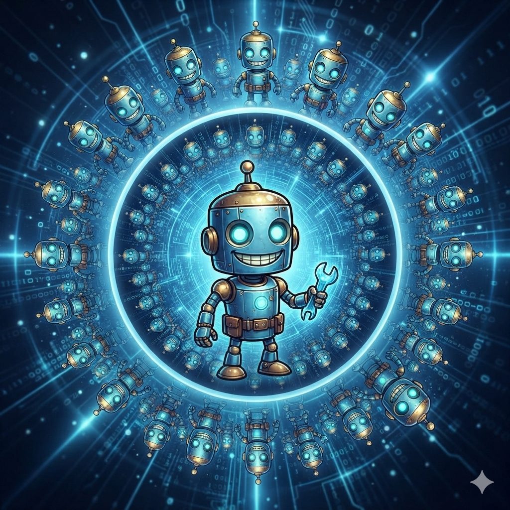The same robot in a glowing ring, circled by many smaller copies of itself.