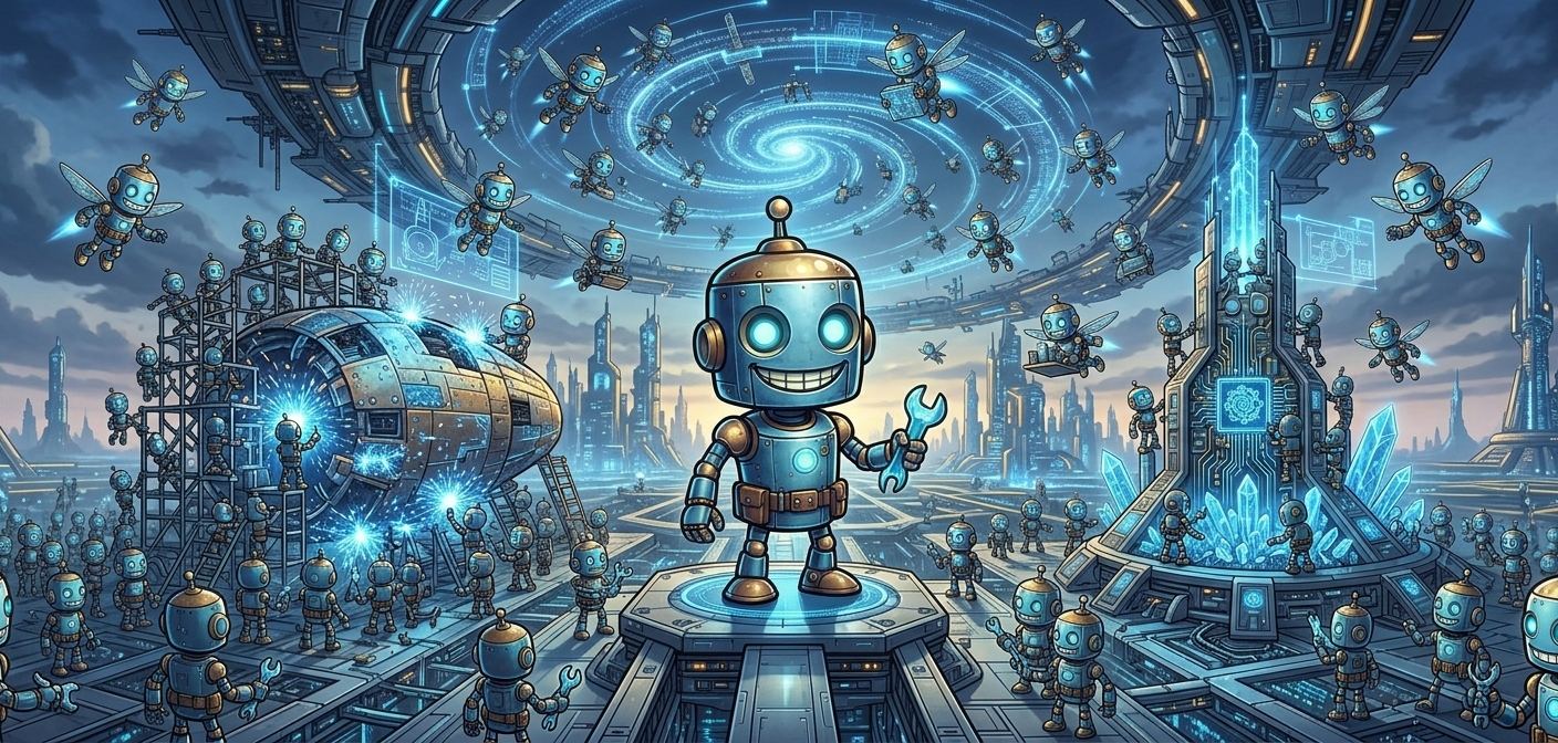 A smiling blue robot holding a wrench stands on a platform in a city where many robots like it build machines.